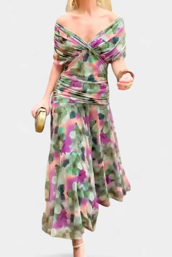 Summer Dress | Women Off Shoulder Draped Neckline Flowy Maxi Dress