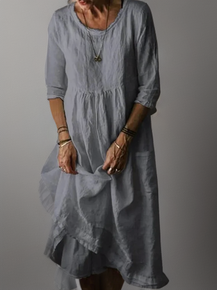 Women Cotton Linen Midi Dress Pleated