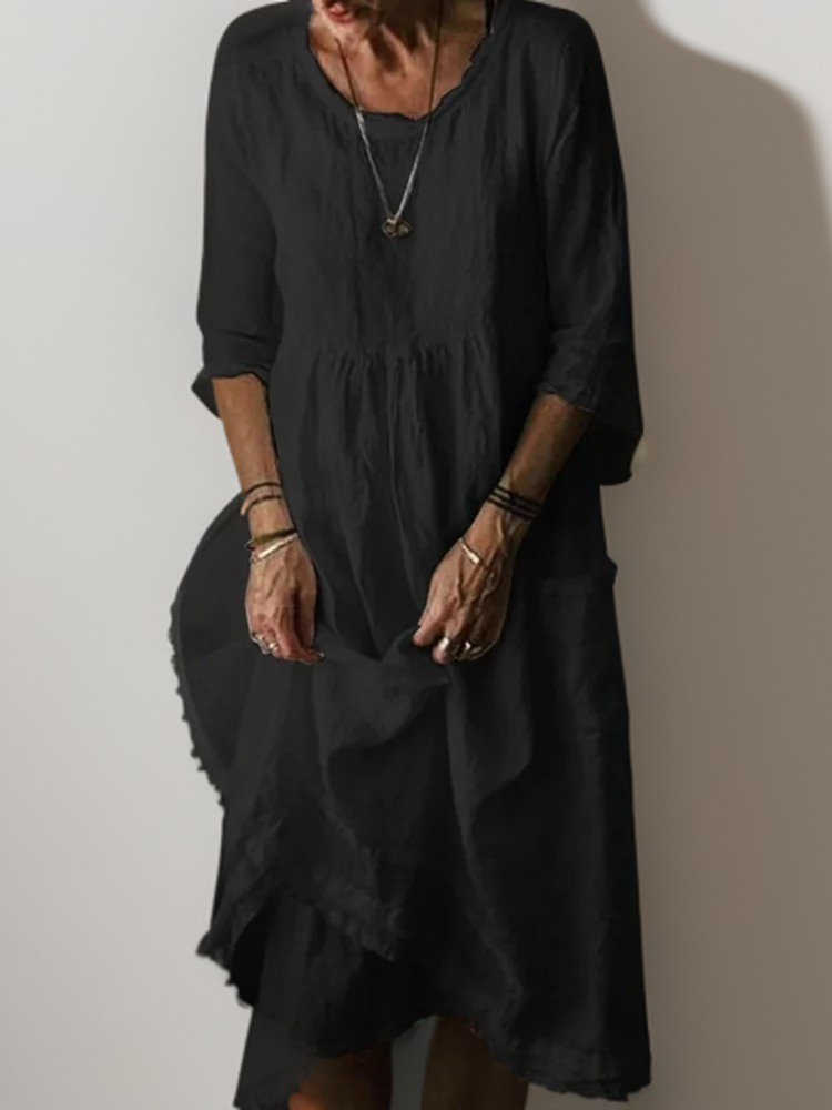 Women Cotton Linen Midi Dress Pleated