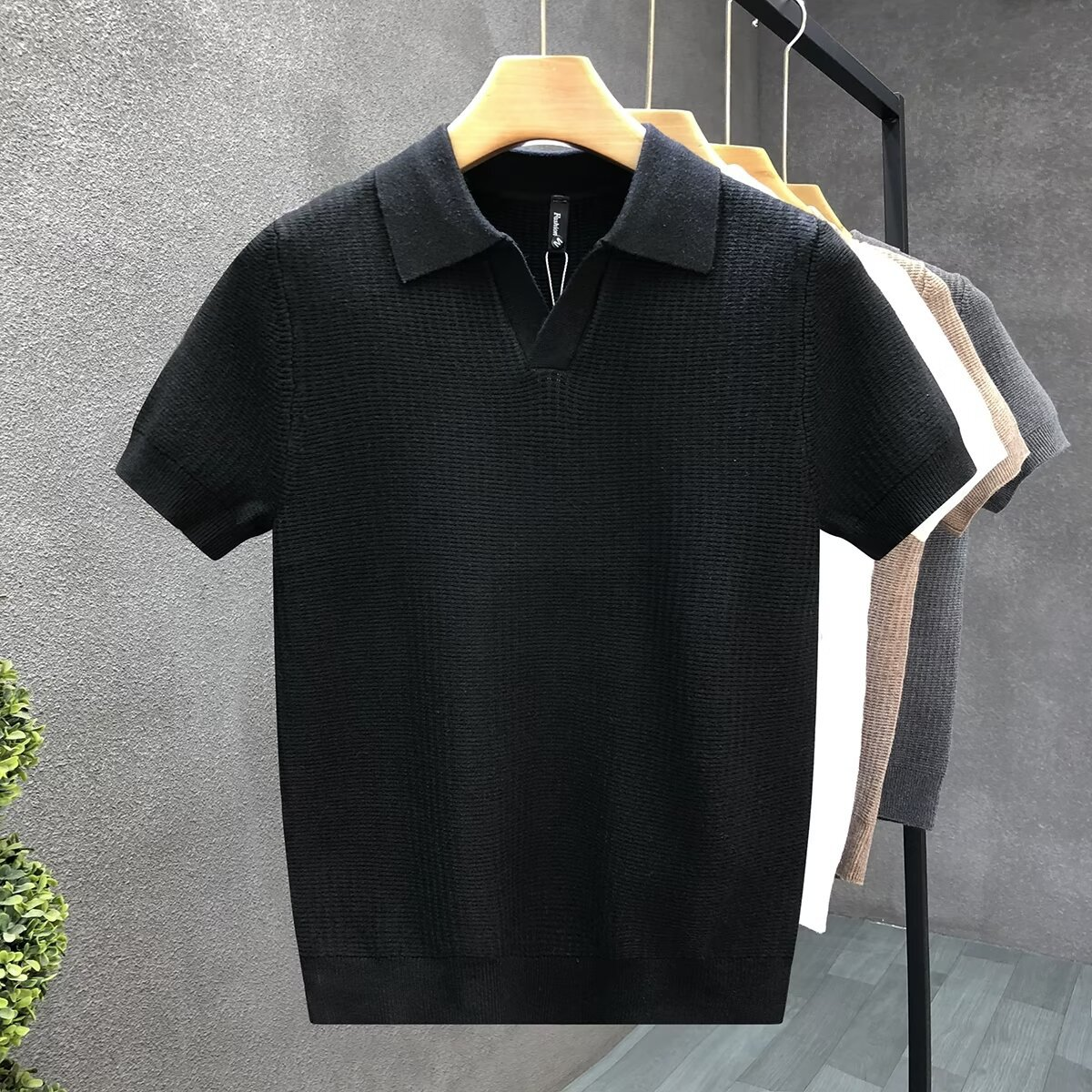 Men Polo Shirt Textured Knit Open Collar Short Sleeve Relaxed Fit