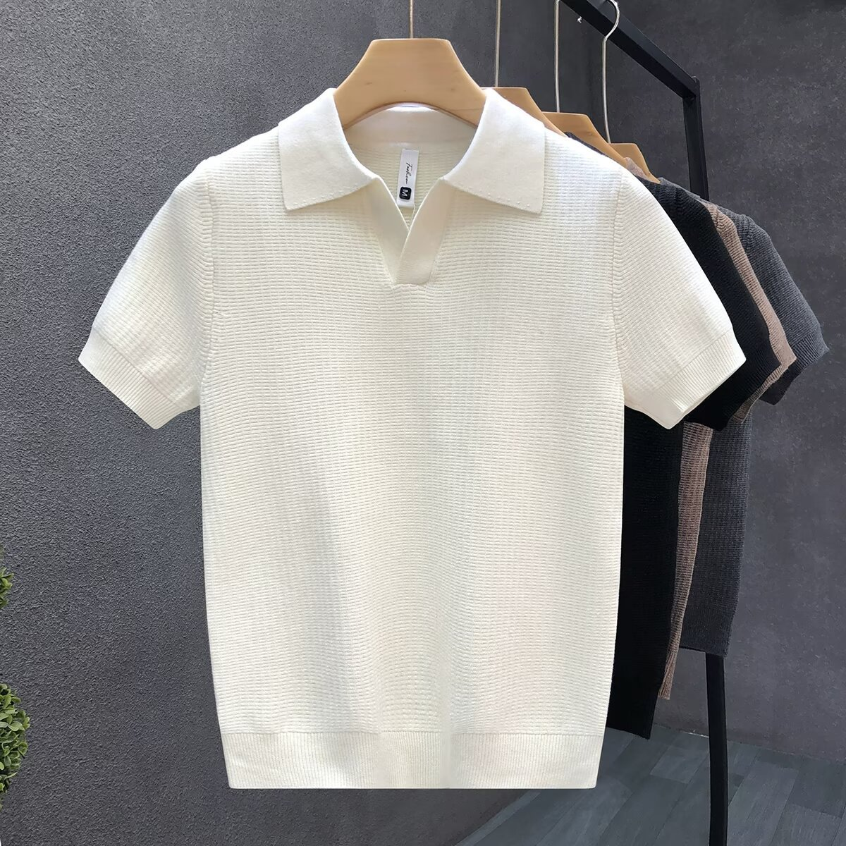 Men Polo Shirt Textured Knit Open Collar Short Sleeve Relaxed Fit