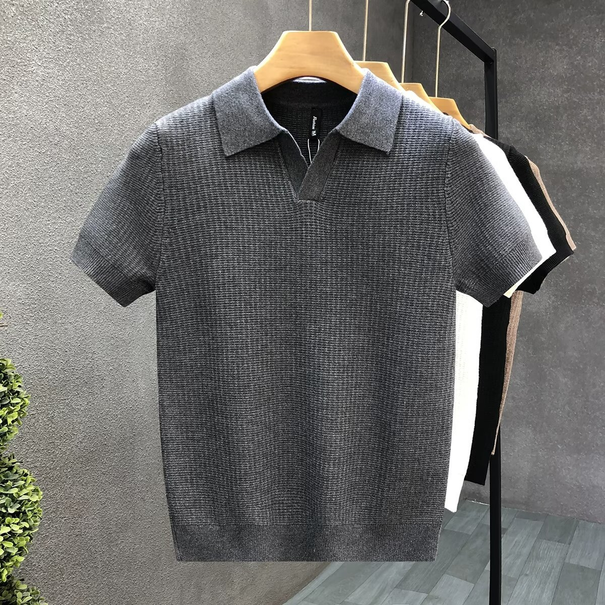 Men Polo Shirt Textured Knit Open Collar Short Sleeve Relaxed Fit