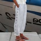 Women Striped Button Detail Casual Pants