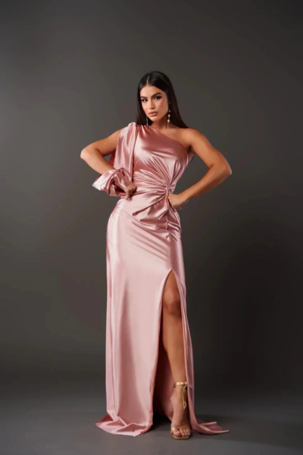 Evening Dress | One-Shoulder Satin Maxi, High Slit & Draping | Esma