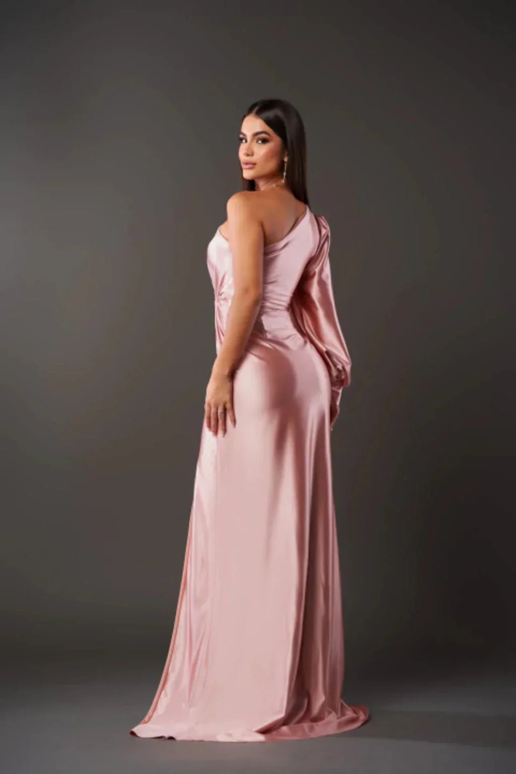 Evening Dress | One-Shoulder Satin Maxi, High Slit & Draping | Esma