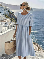 Midi Dress Women Blue Striped Lightweight Relaxed Fit Casual