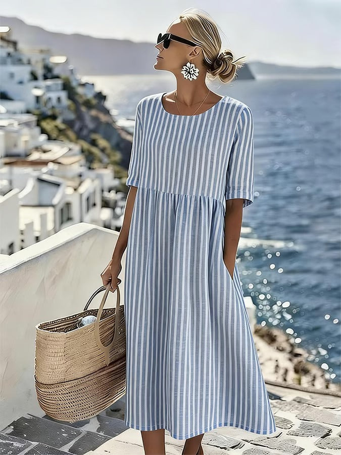 Midi Dress Women Blue Striped Lightweight Relaxed Fit Casual