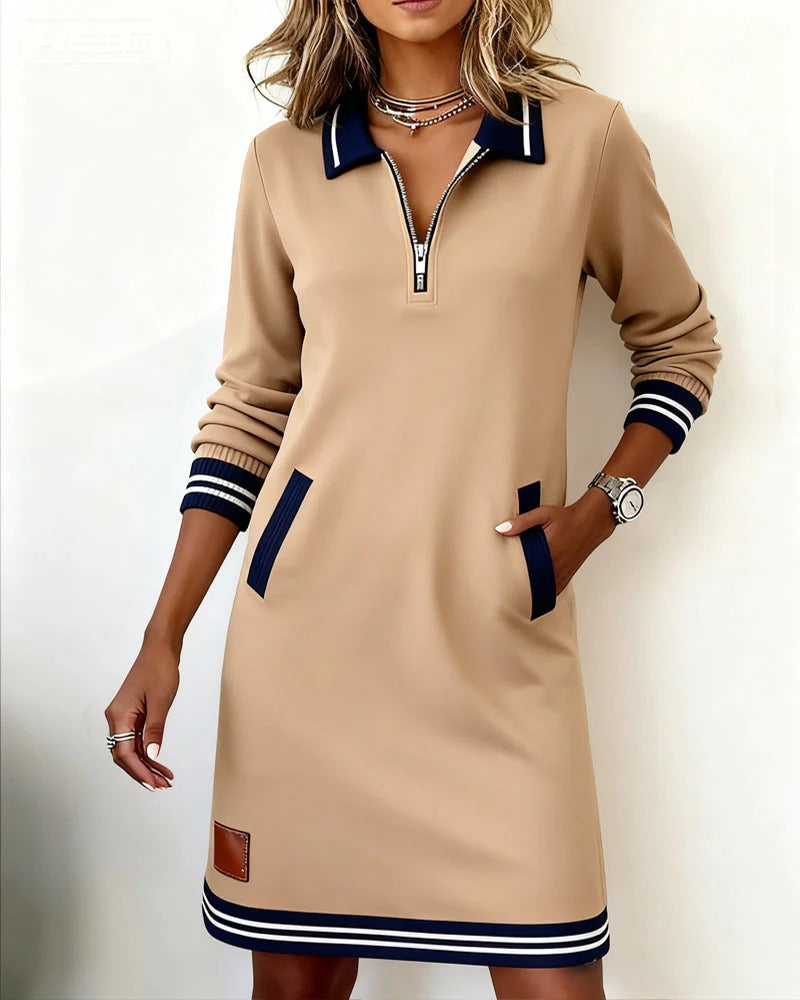 Long Sleeve Dress Women Collared Straight Cut Cotton Blend