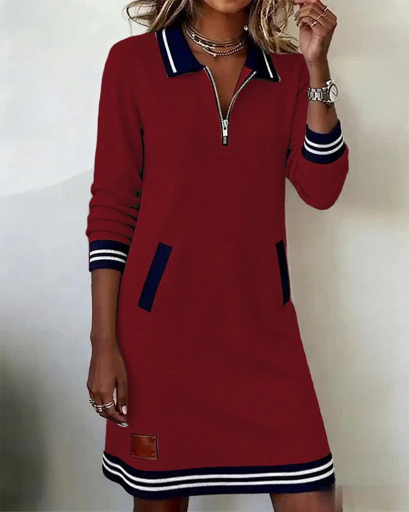 Long Sleeve Dress Women Collared Straight Cut Cotton Blend