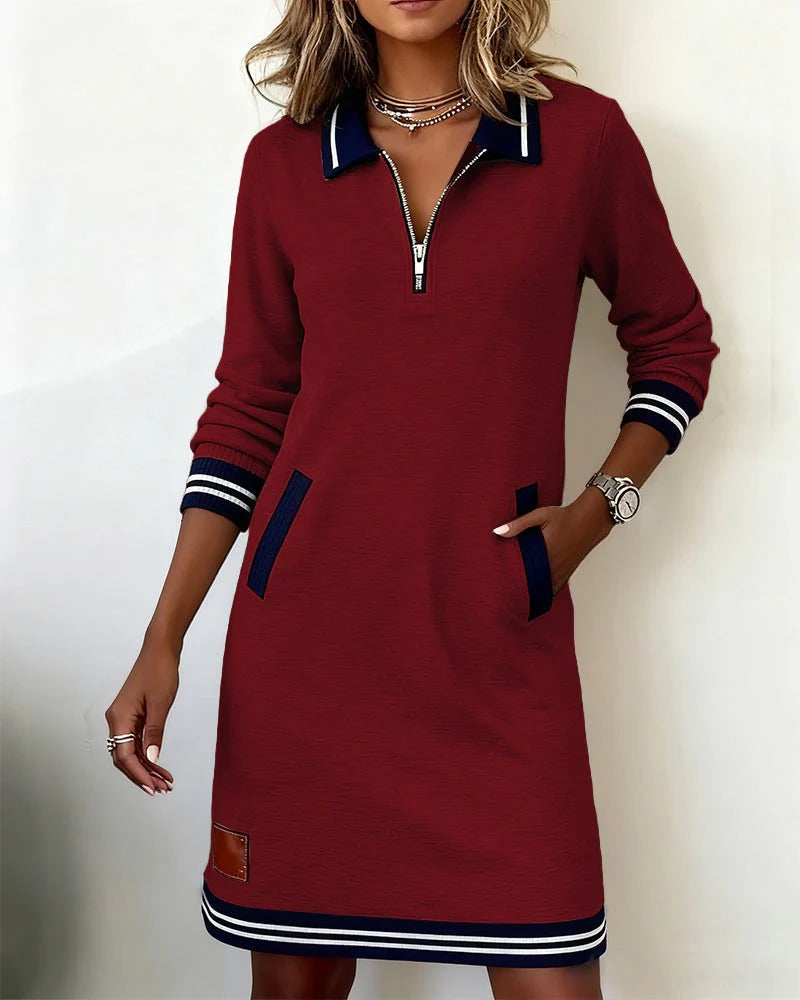 Long Sleeve Dress Women Collared Straight Cut Cotton Blend