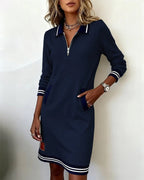 Long Sleeve Dress Women Collared Straight Cut Cotton Blend