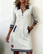 Long Sleeve Dress Women Collared Straight Cut Cotton Blend