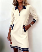 Long Sleeve Dress Women Collared Straight Cut Cotton Blend