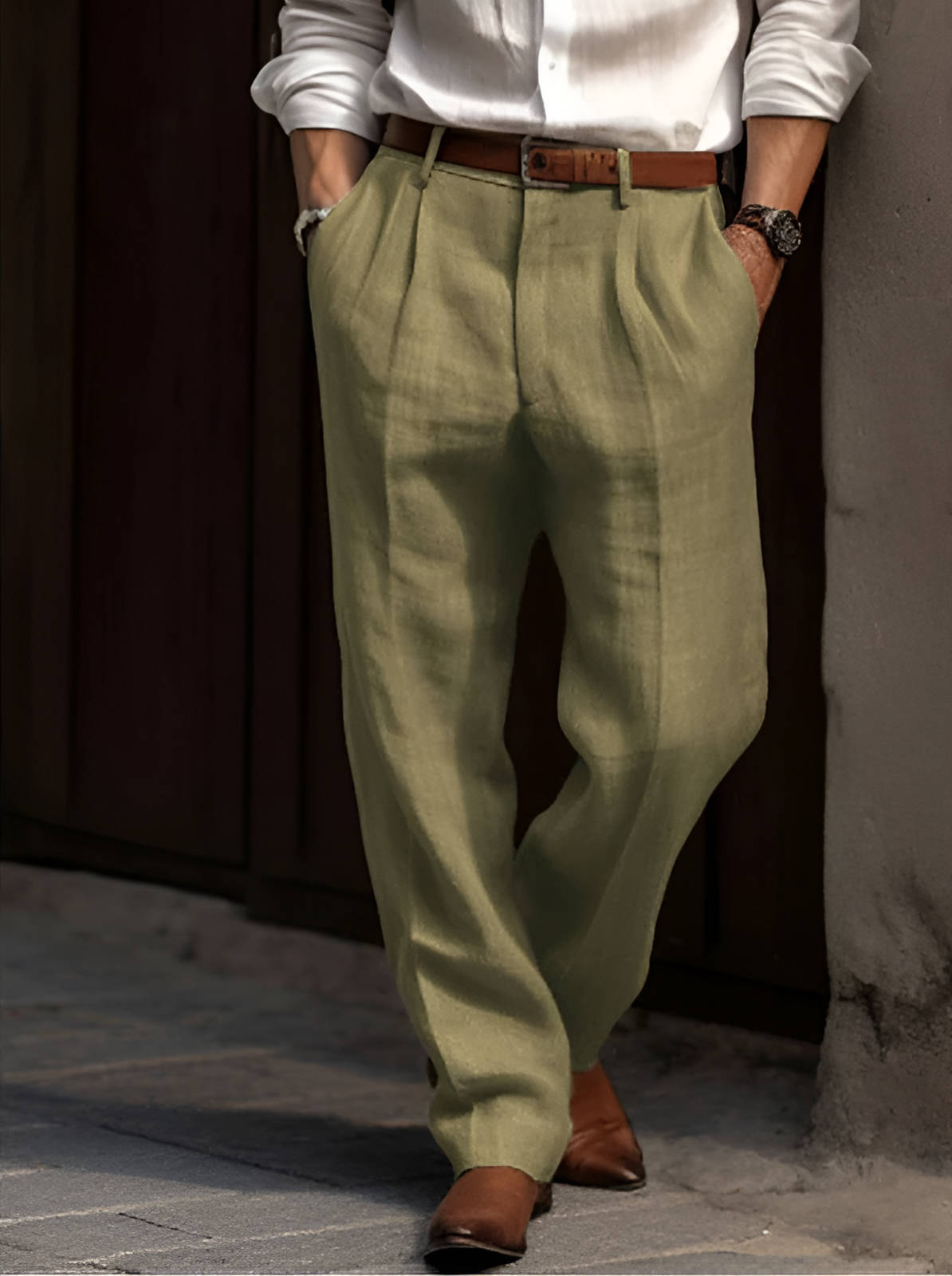 Men linen pants pleated cotton blend relaxed fit in multiple colors