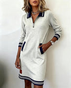 Long Sleeve Dress Women Collared Straight Cut Cotton Blend