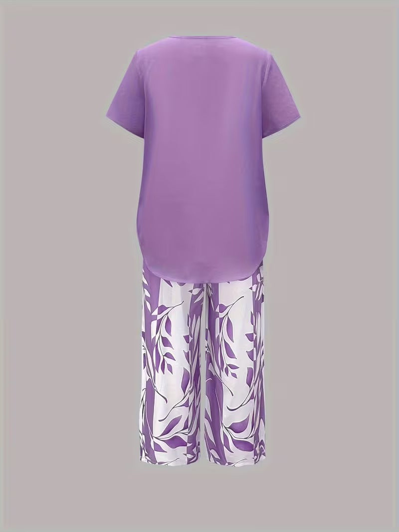 Women 2 Piece Capri Set Flowy Top Trousers