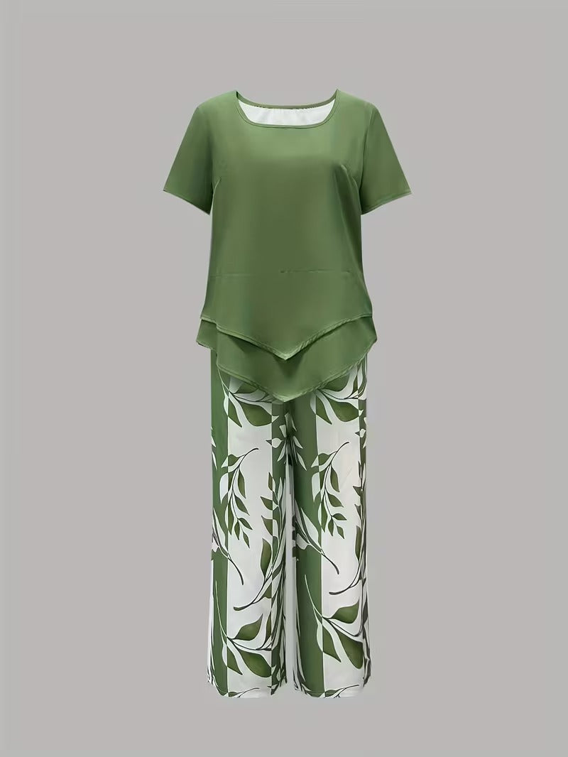 Women 2 Piece Capri Set Flowy Top Trousers