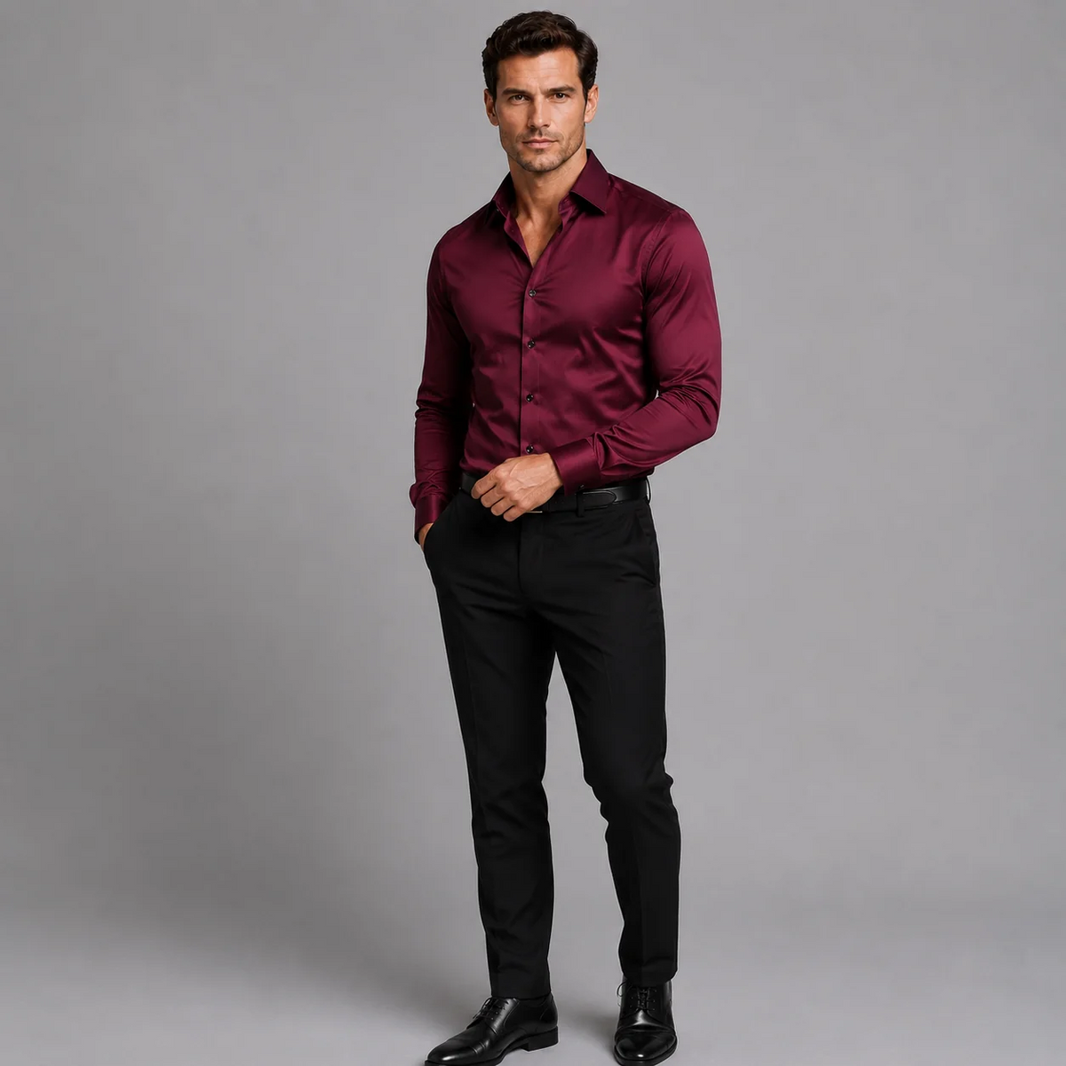 Satin Shirt | Men Slim Fit Stretch Satin-Look Structured Collar