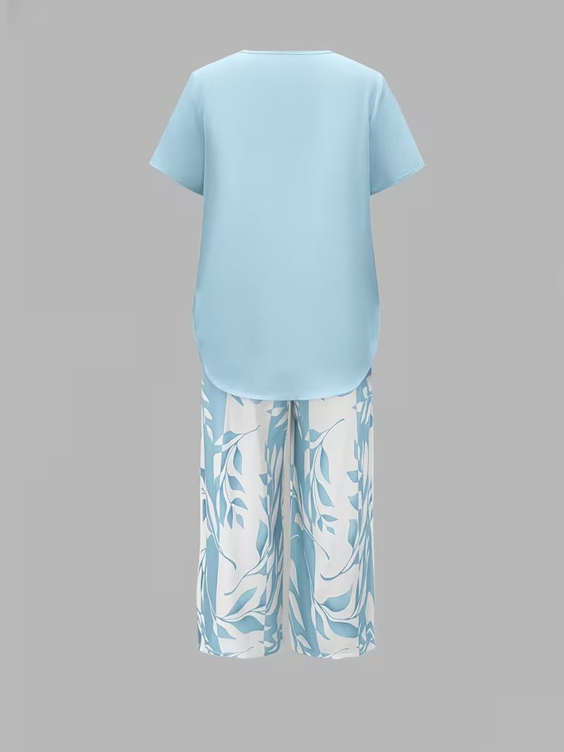 Women 2 Piece Capri Set Flowy Top Trousers