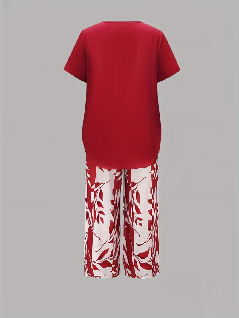Women 2 Piece Capri Set Flowy Top Trousers