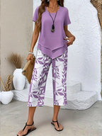 Women 2 Piece Capri Set Flowy Top Trousers