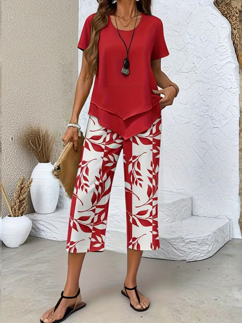 Women 2 Piece Capri Set Flowy Top Trousers