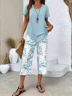 Women 2 Piece Capri Set Flowy Top Trousers