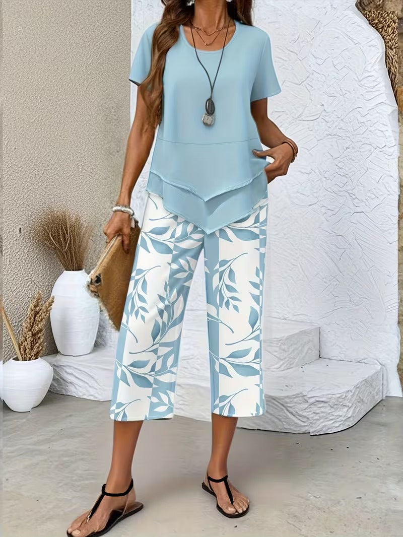 Women 2 Piece Capri Set Flowy Top Trousers