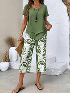 Women 2 Piece Capri Set Flowy Top Trousers