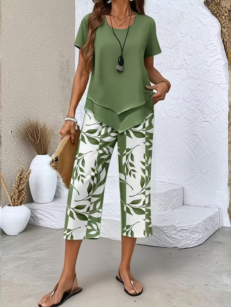Women 2 Piece Capri Set Flowy Top Trousers