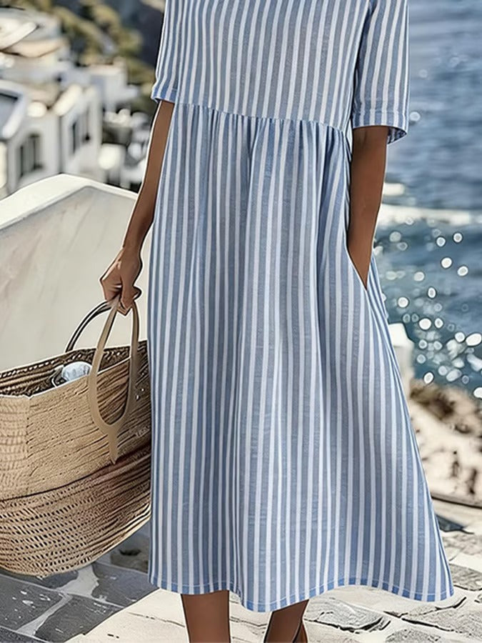 Midi Dress Women Blue Striped Lightweight Relaxed Fit Casual