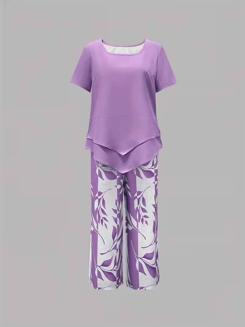 Women 2 Piece Capri Set Flowy Top Trousers
