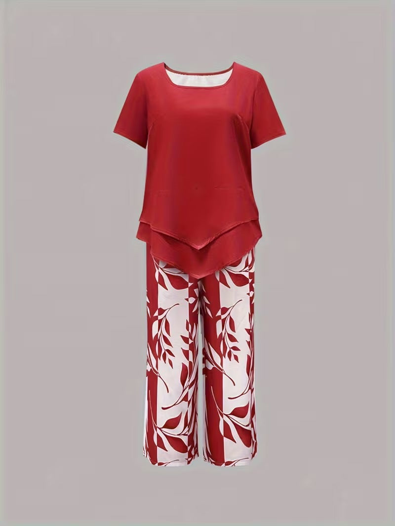 Women 2 Piece Capri Set Flowy Top Trousers