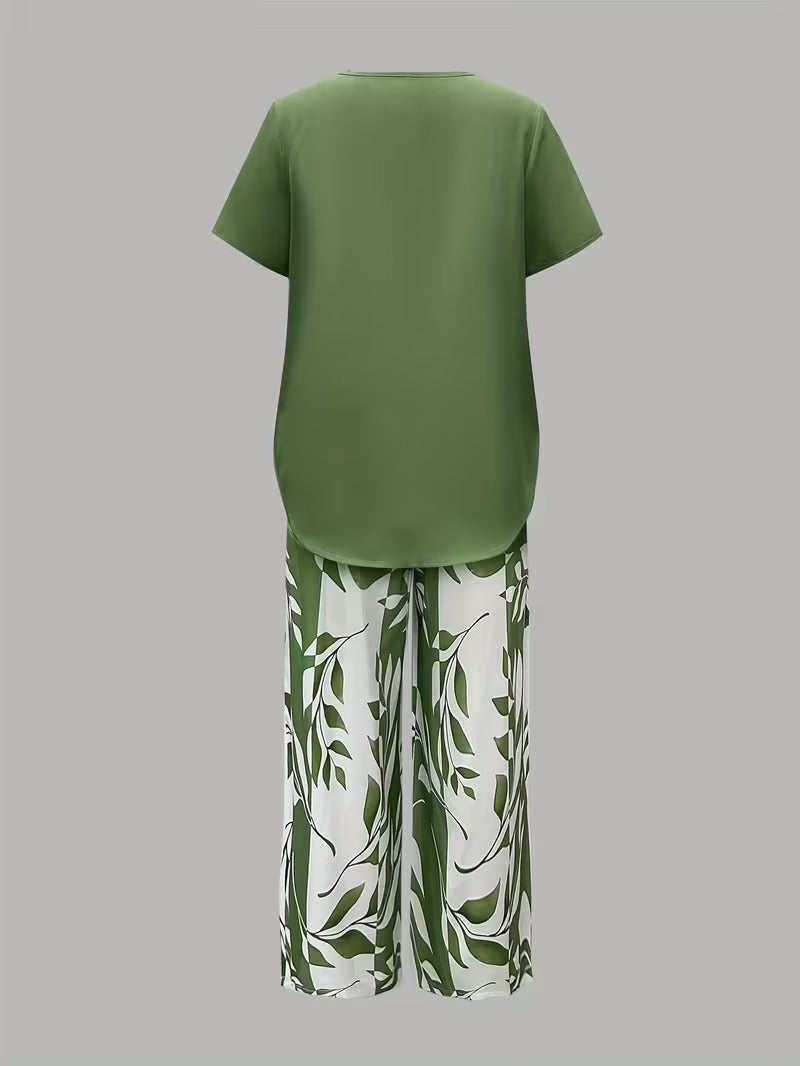 Women 2 Piece Capri Set Flowy Top Trousers