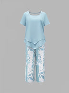 Women 2 Piece Capri Set Flowy Top Trousers