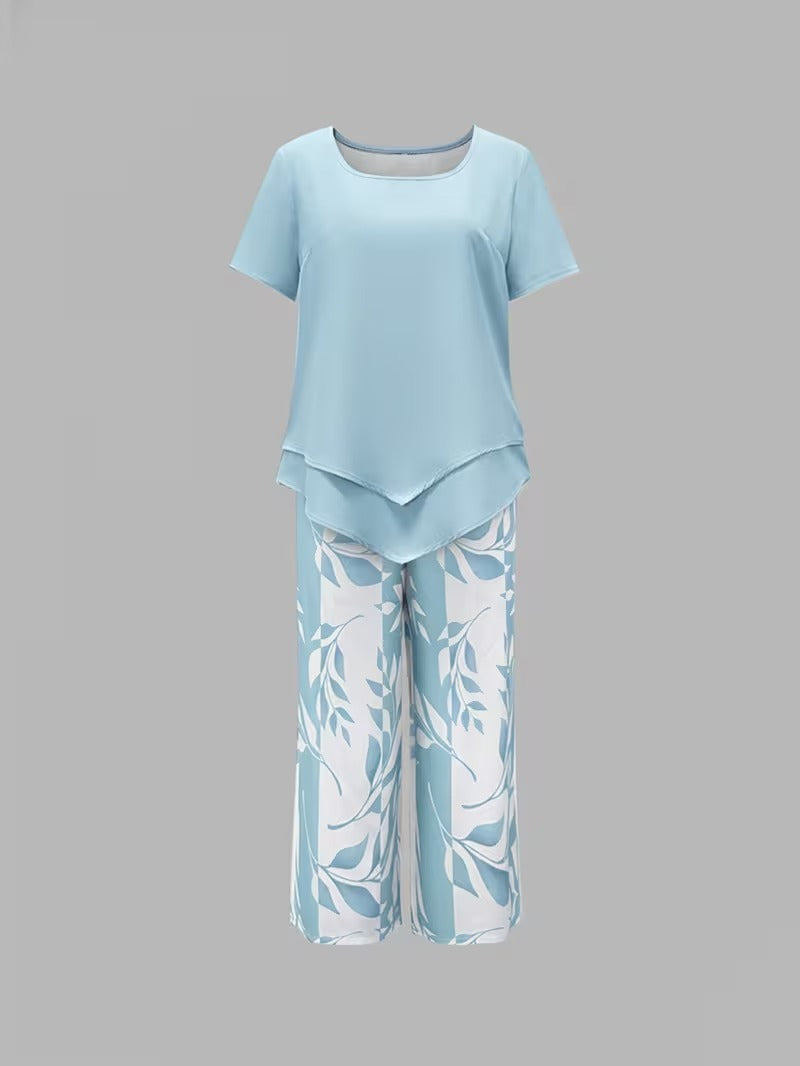 Women 2 Piece Capri Set Flowy Top Trousers