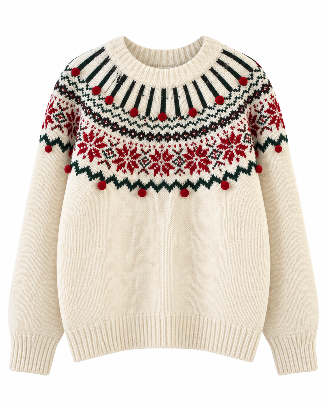 Christmas Sweater Women Nordic Jacquard Pom Pom Crew Neck Long Sleeve