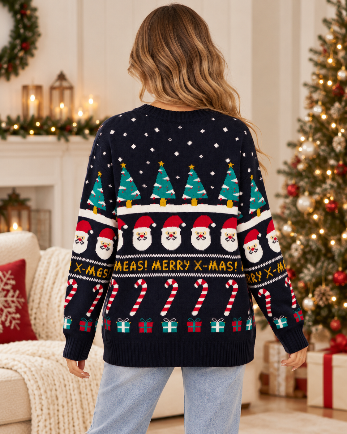 Christmas Sweater Women Navy Oversized Knit Crew Neck Long Sleeve
