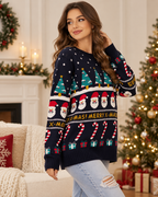 Christmas Sweater Women Navy Oversized Knit Crew Neck Long Sleeve