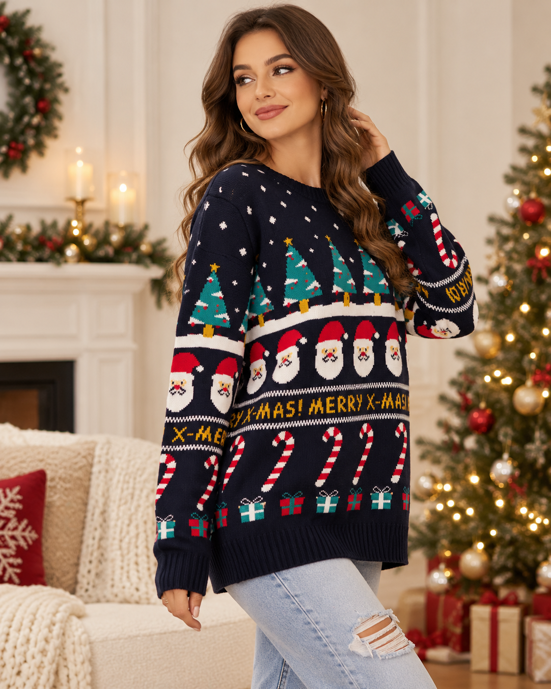 Christmas Sweater Women Navy Oversized Knit Crew Neck Long Sleeve