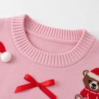 Christmas Sweater Women Pink Knit Pullover Bear Red Bow Crew Neck