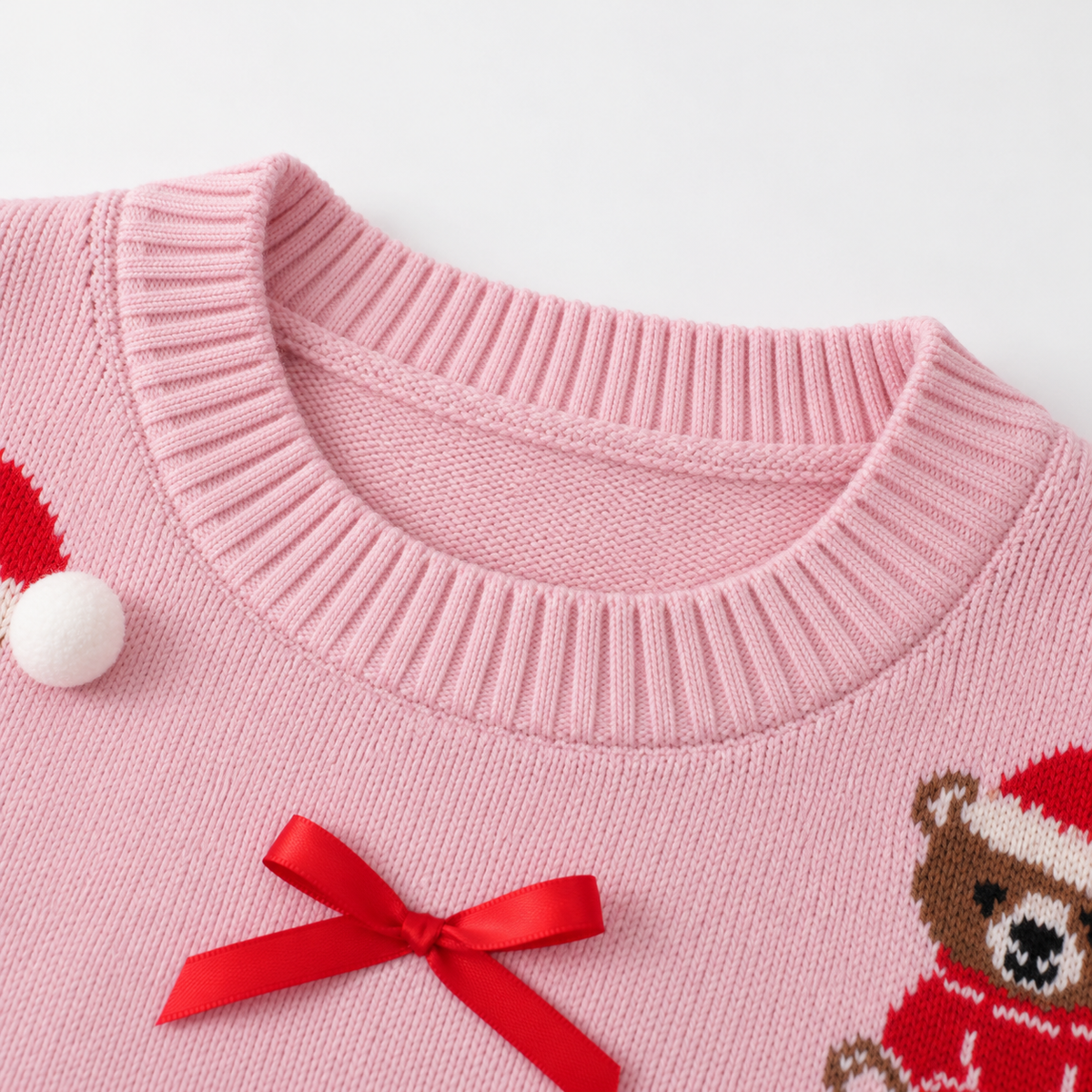 Christmas Sweater Women Pink Knit Pullover Bear Red Bow Crew Neck