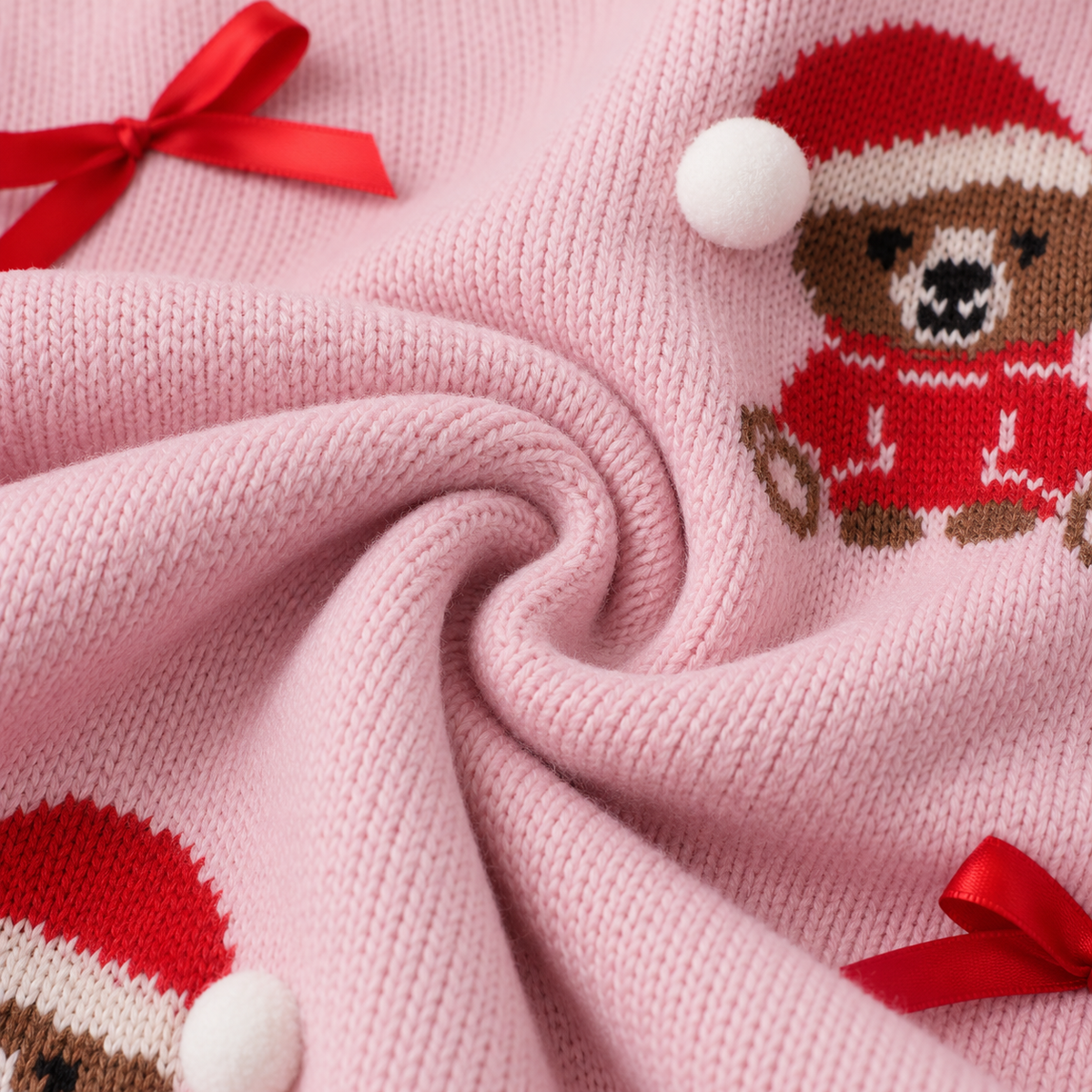Christmas Sweater Women Pink Knit Pullover Bear Red Bow Crew Neck