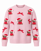 Christmas Sweater Women Pink Knit Pullover Bear Red Bow Crew Neck