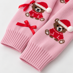 Christmas Sweater Women Pink Knit Pullover Bear Red Bow Crew Neck