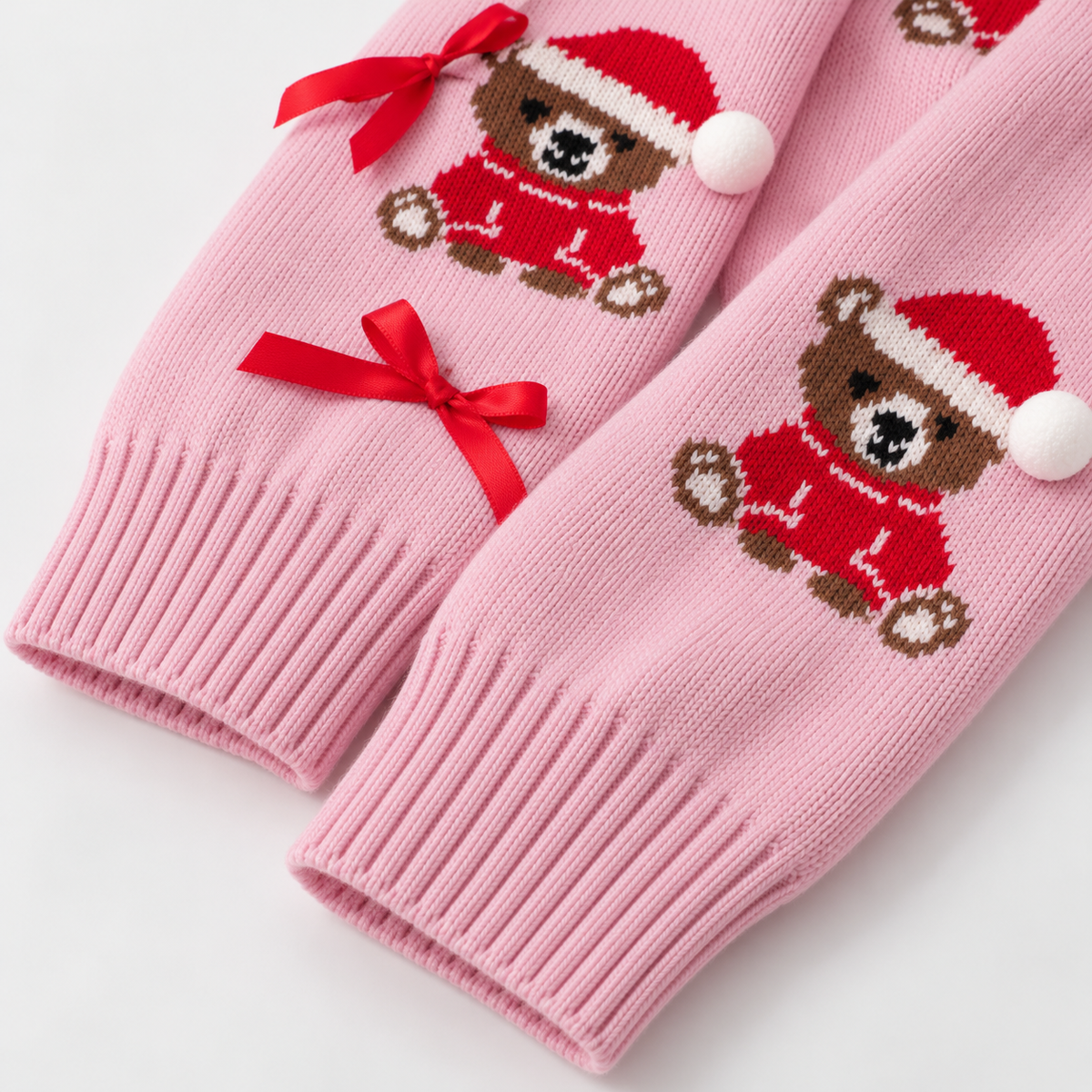 Christmas Sweater Women Pink Knit Pullover Bear Red Bow Crew Neck