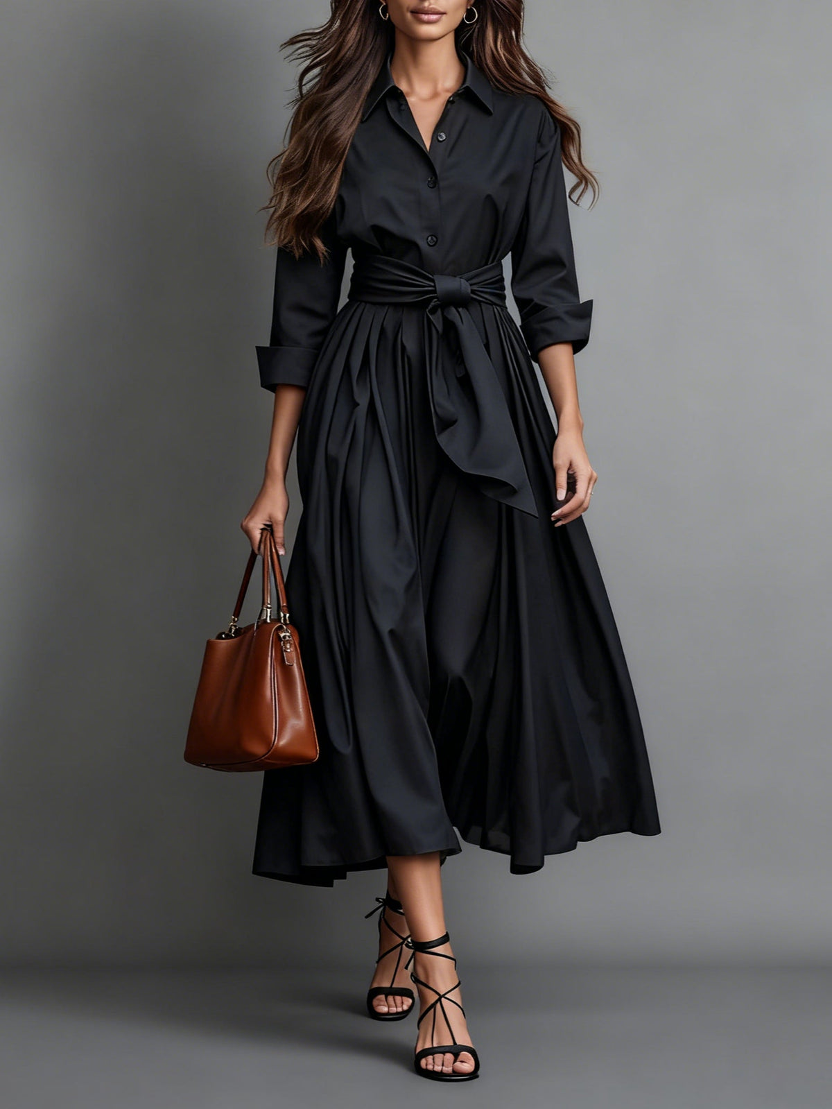 Women Shirt Dress | Midi Belted A-Line Three Quarter Sleeve