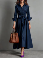 Women Shirt Dress | Midi Belted A-Line Three Quarter Sleeve