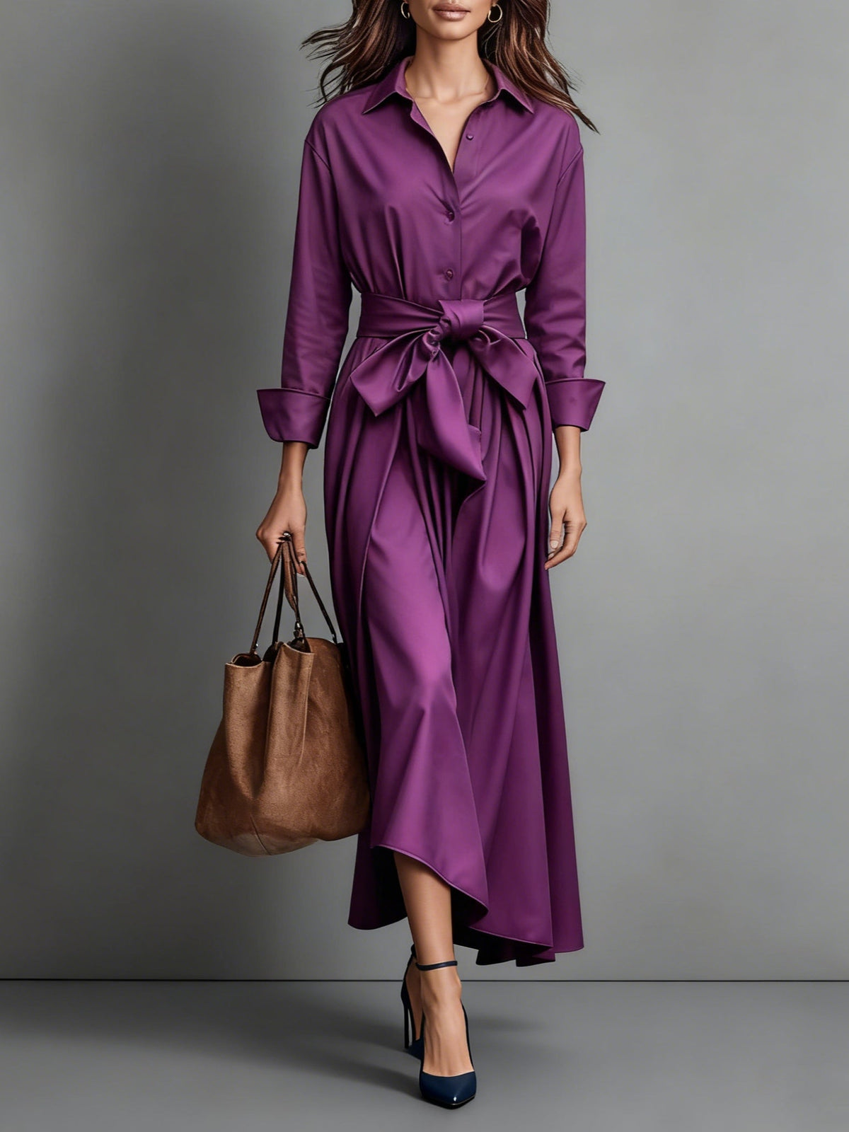 Women Shirt Dress | Midi Belted A-Line Three Quarter Sleeve