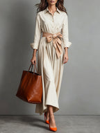 Women Shirt Dress | Midi Belted A-Line Three Quarter Sleeve